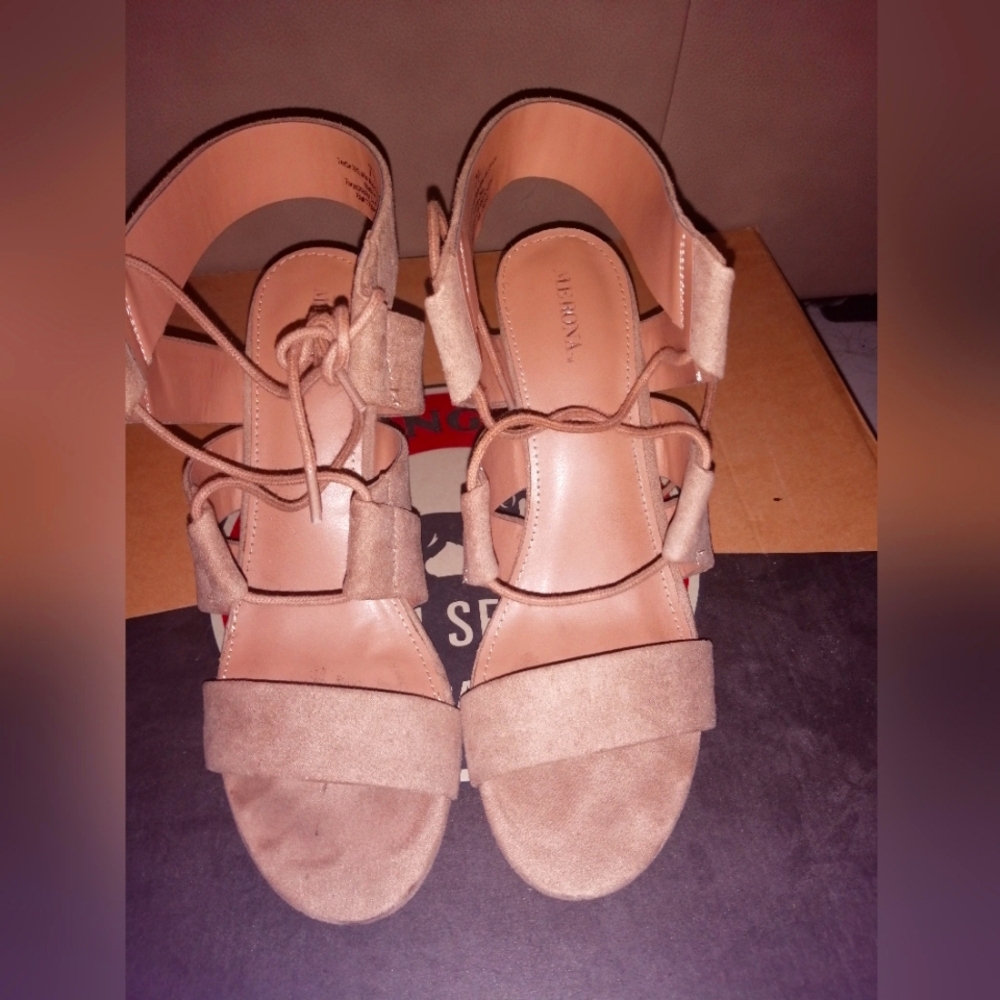Merona Target Taupe Harriet Lace Up Heeled Faux Suede Quarter Strap Sandals